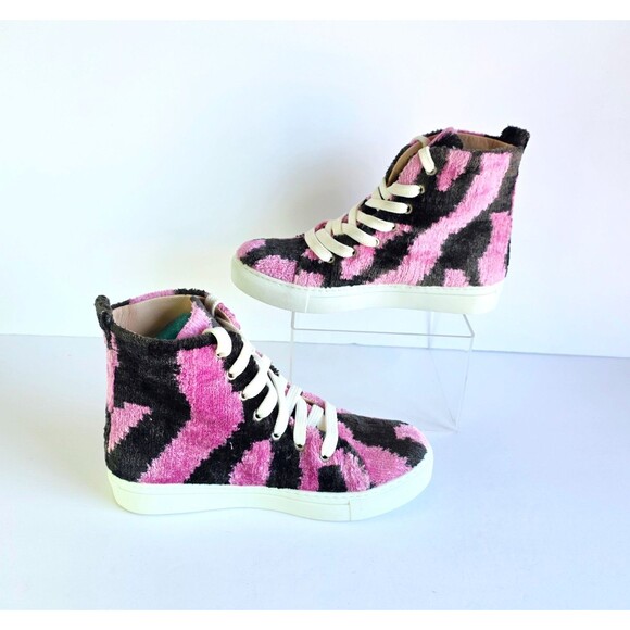 ELYSIAN Emily Morrison Ankara Ikat Silk Velvet High Top Sneakers 38 Pink Black - Picture 7 of 14